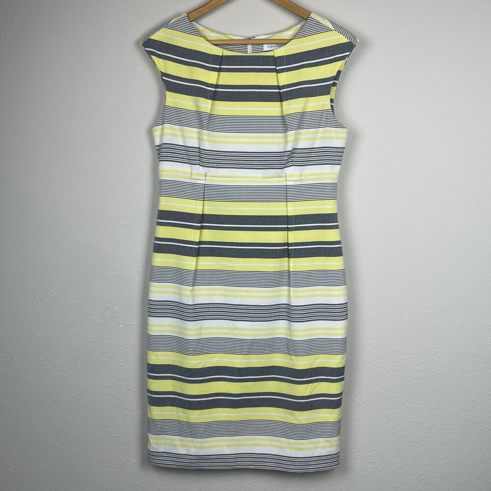 Calvin Klein Size 8 Shift Dress Yellow White Black Striped Career Workwear